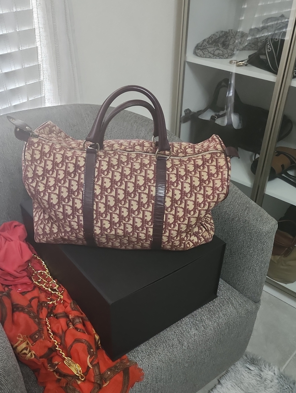 Monogram Canvas DIOR Weekend Duffle Bag - Burgundy/Tan